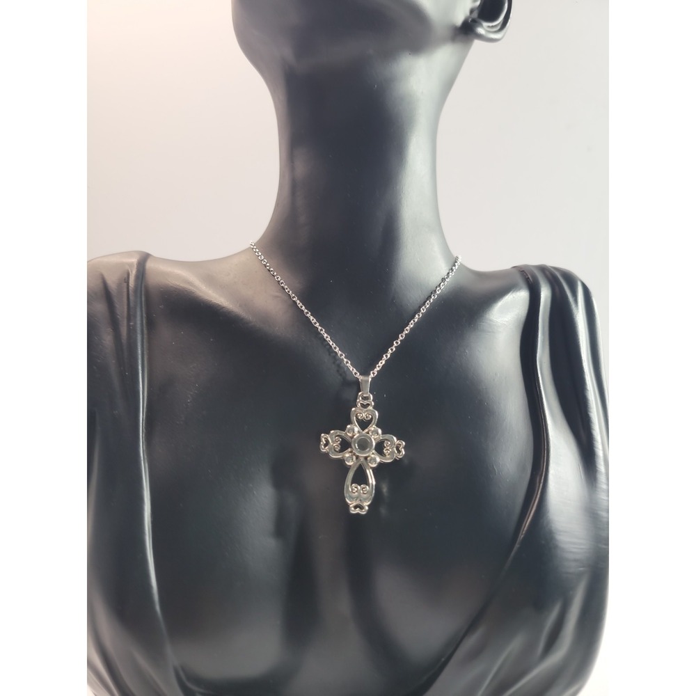 Vintage Silver Tone Filigree Cross Necklace Clear Rhinestone Heart Scroll‎